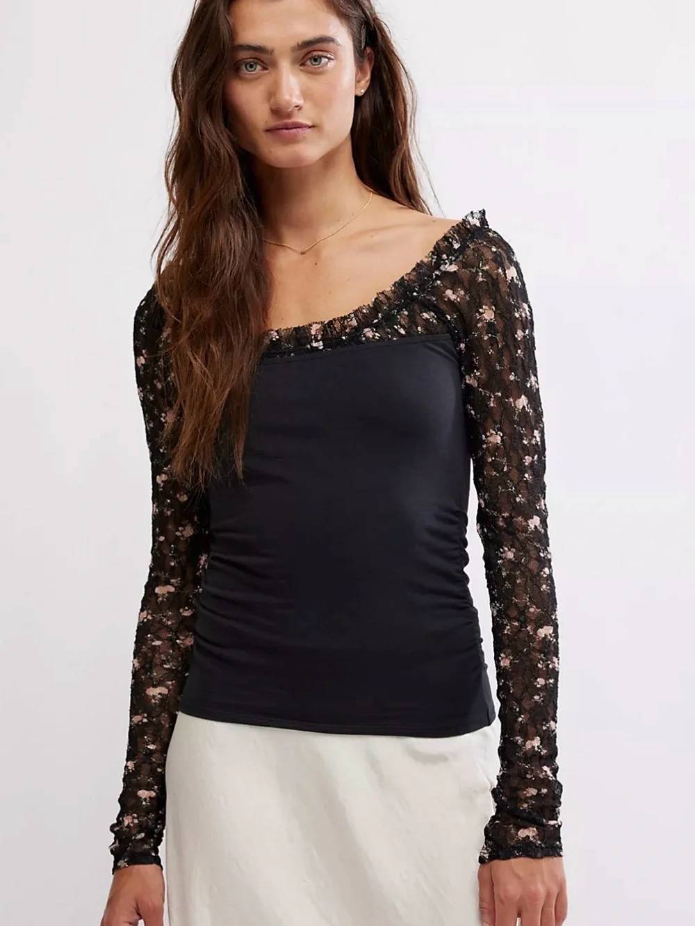 Free People Black Lace-Sleeve Long Sleeve Tee
